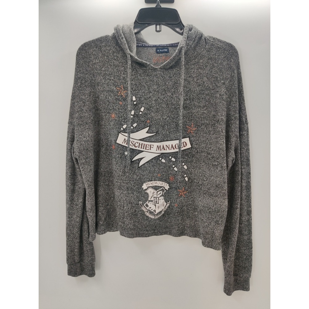 Harry Potter Mischief Managed Cropped Hoodie Heather Gray Hogwarts Crest Small
